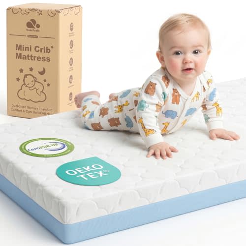 Pack and Play Mattress, Dual Sided Memory Foam 38x26x3 Inch, Blue | Pack n Play Mattress 3 Inch Thick, 4 in 1 Breathable Mini Crib Mattress, Portable Mattress 38x26x3, Playard Playpen Mattress