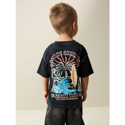 Black Acid Wash Surf Club Oversized Short Sleeve Back Print T-Shirt (3mths-7yrs)