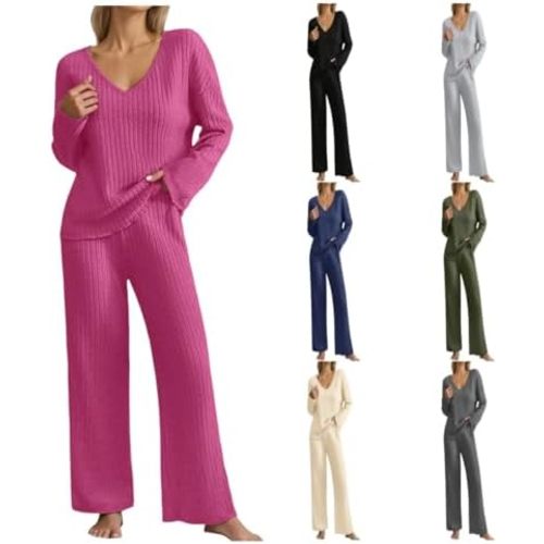 Spring Womens 2 Piece Lounge Set Long Sleeve V Neck Ribbed Top Wide Leg Pants Soft Pajama Sleep Matching Outfits