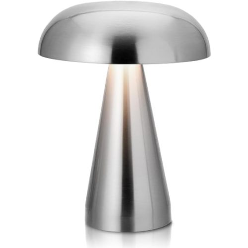Brushed Silver Mushroom Table Lamp, Cordless Rechargeable LED Metal Lamp, Tap Touch 3-Color Modes Changing Light, Small Portable Accent Lamp for House, Restaurant, Hotel, Bars, Travel, Emergencies