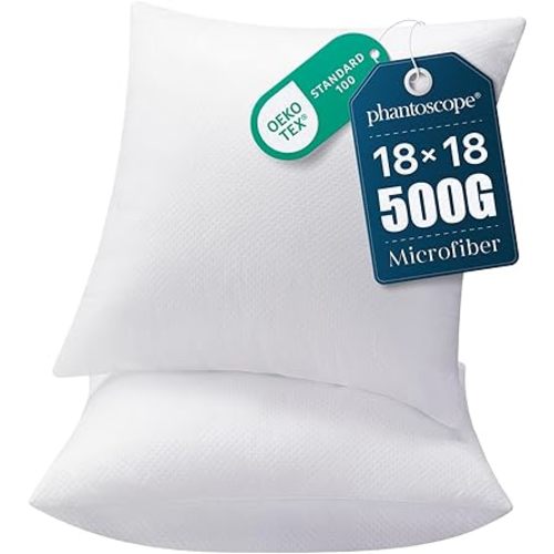 Phantoscope Pillow Inserts, 100% Virgin Fiber Hypoallergenic Polyester Throw Pillow Inserts, Square Pillows for Couch, Sofa, Bed, 18x18 Inch (Pack of 2)