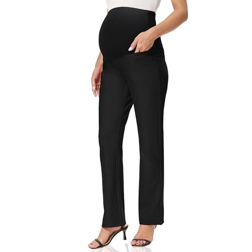Foucome Women's Maternity Pants Comfy Stretch Dress Work Pants Straight Leg Pregnancy Slacks with Pockets
