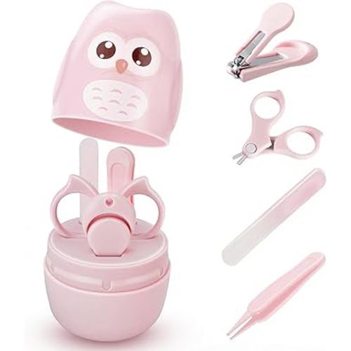 Baby Nail Kit, 4-in-1 Baby's Nail Care Set with Cute Case, Baby Nail Clippers, Scissors, Nail File & Tweezers, Baby Manicure Kit and Pedicure kit for Newborn, Infant, Toddler, Kids-Owl Pink