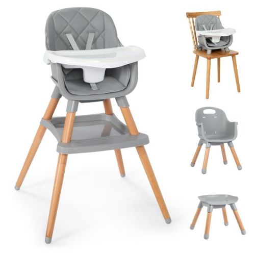 Kinder King 7 in 1 Baby High Chair Convert to Wooden Feeding Chair Removable Tray 5-Point Harness Gray