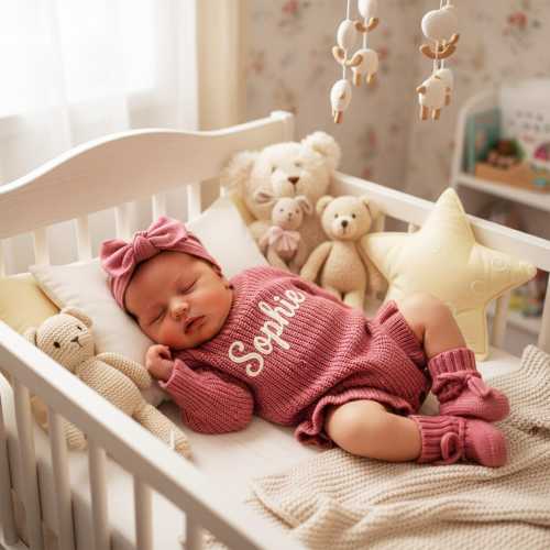 Personalized Newborn Knit Romper Set, Embroidered Baby Outfit
