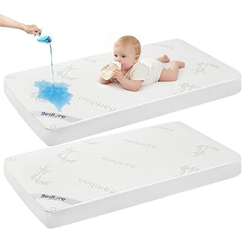 BEDLORE Waterproof Crib Mattress Protector 2 Pack, Ultra Soft Bamboo Viscose Crib Mattress Pad Cover, Noiseless Toddler Mattress Protector for Standard Baby Bed Size 52''x28'', White