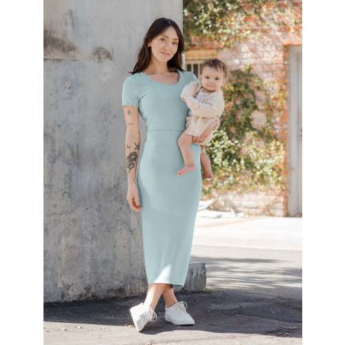 Olivia Ribbed Bamboo 2-in-1 Maternity & Nursing Dress | Dusty Blue Green