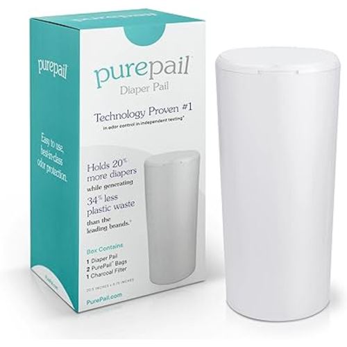 PurePail Classic Diaper Pail – White, Blocks Odors with No Added Fragrance, Holds 20% More Diapers & Generates Less Waste, No Cutting, No Canisters, Includes 1 Pail + 2 Refill Bags + 1 Charcoal Filter