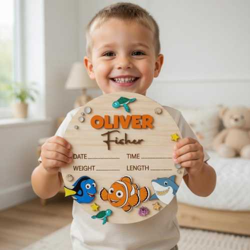 Finding Nemo Personalized Birth Announcement Sign, Wooden Baby Stats Board, Dory Bruce Squirt, Nursery Wall Art Decor, Custom Newborn Gift