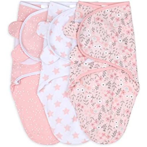 The Peanutshell Swaddle Blankets for Baby Girls, Pink Floral & Stars, 3 Pack Wrap Set, 2 Sizes (Small/Medium)