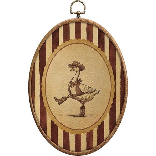 Vintage Cowboy Goose Oval Wall Art, Western Brown Red Striped Nursery Goose Wall Decor, Funny Vintage Decor for Home, Cottage Core Home Decors, Waterproof Small Framed Art for Living Room Bedroom, 16