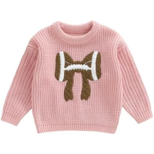 Karuedoo Infant Toddler Baby Girl Football Clothes Football Bow Embroidery Knit Sweater Long Sleeve Knitted Pullover Tops