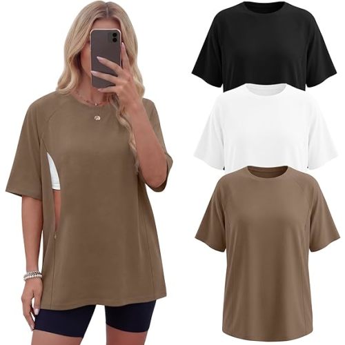 3 Pack Women's Oversized Nursing Tops for Breastfeeding with Hidden Zippers Loose Fit Short Sleeve Maternity Tops