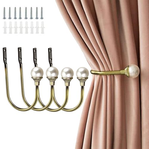 4 Pack Curtain Holdbacks Wall Mounted Curtain Tiebacks Hooks Plastic Pearl U Shape Curtain Tiebacks with Screws Curtain Ties for Home Office-Antique Bronze