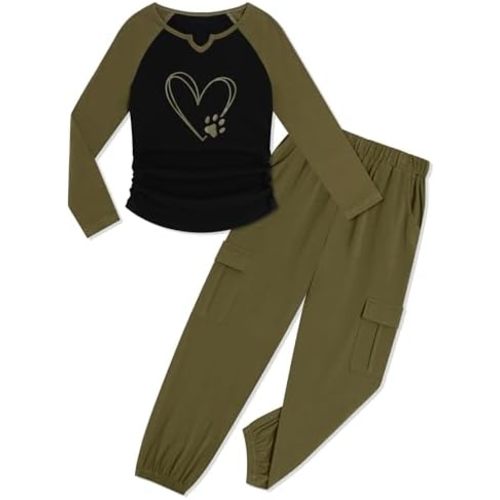 Fuermos Girls Clothing Sets Love Pattern T Shirt and Jogger Pants Cute Clothes for Teen Girls 2 Piece Outfits 6-14Y