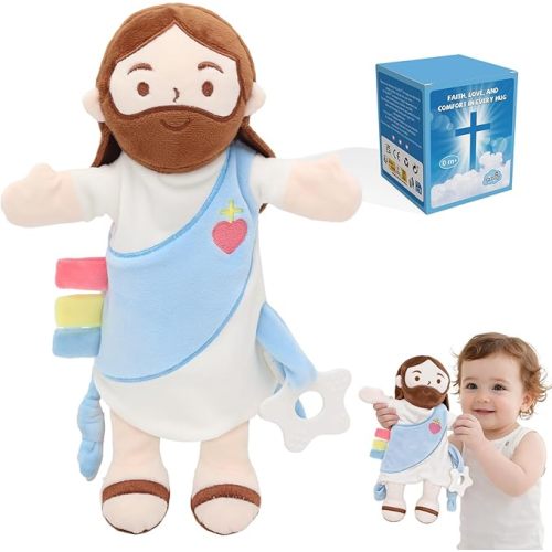 Baby Lovey with Teether, Jesus Security Blanket with Crinkle Tags, Soft Minky Velour Newborn Girl Boy Gift with Bell for Baby Shower, Baptism or Birthday Essentials