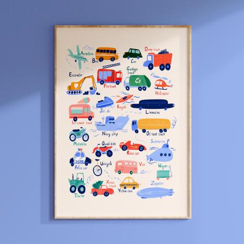 Transport Alphabet Poster for Children's Nursery. Educational Wall Art with bright watercolor vehicles