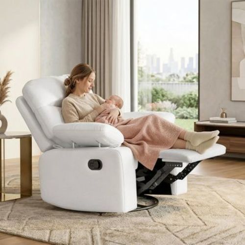 TYBOATLE Swivel Rocker Recliner Chair, Manual Glider Nursery Chair with Overstuffed Backrest & Adjustable Armrest for Living Room, Beige