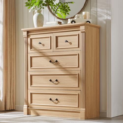 Aitjunz 5 Drawers Dresser for Bedroom, Farmhouse 46" Tall Dressers & Chests of Drawers w/Roman Column, Wood Rustic Closet Dresser w/Two Different Drawer Sizes for Bedroom, Living Room, Natrual