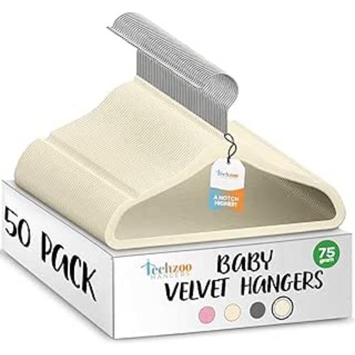 TechZoo 50 Premium Baby Velvet Hangers - 11.8" Non-Slip, Ultra-Slim Space-Saving Children Closet Hangers - 360° Swivel Hook, Strong & Durable Infant & Toddler Clothes Hangers for Wardrobe - Ivory