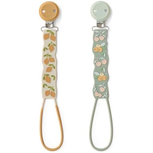 Moonkie Flat Silicone Pacifier Clips (2-Pack) – One-Piece Strap Holders, Binky Clips for Baby Boys & Girls, Gift-Ready Baby Essentials (Fruit Garden)