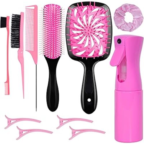11 Pcs Hair Brush Set, Detangle Hair Brush And Spray Bottle, 3 Pieces Smooth Hairbrush For Toddlers, Suitable For Wet and Dry Hairstyles, Suitable For Adults And Children. (Pink)