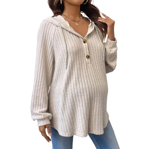 BEAUDRM Women's Maternity Half Button Sweatshirts Long Sleeve Ribbed Knit Pregnancy Shirt Spring Clothes