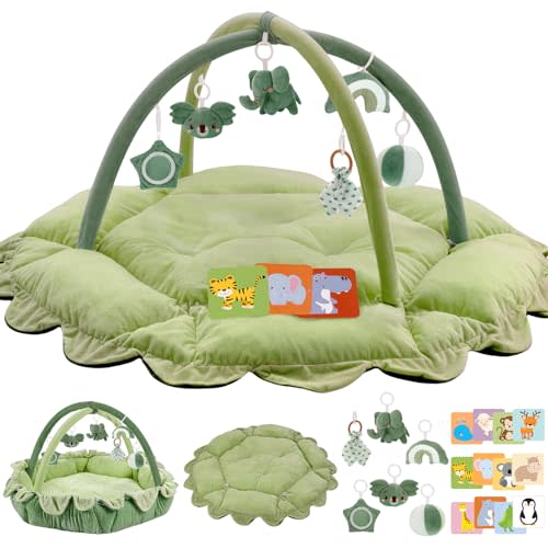 5-in-1 Plush Baby Play Gym, Activity Mat with Convertible Gym, Baby Gym 6 Sensory Toys, Play Center for Newborn to Toddler, Green