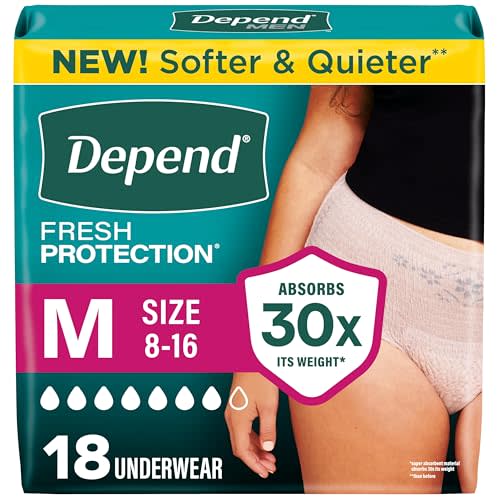Depend Fresh Protection Adult Diapers, Incontinence Underwear for Women, Disposable, Maximum, Medium, Blush, 18 Count, Packaging May Vary
