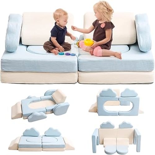 Kids Play Couch, Colorblocked Corduroy Modular Couch for Playroom, Boys & Girls (Beige, Light Blue)