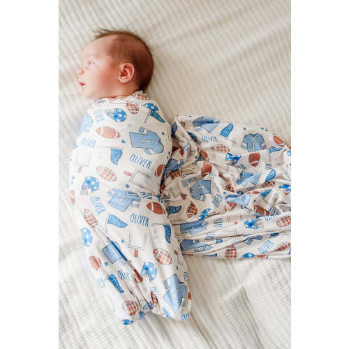 Personalized Swaddle Blanket in Huddles & Cuddles Blue | Caden Lane