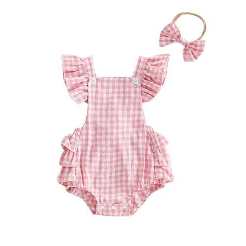 FOMOYUU Newborn Baby Girl Romper Summer Sleeveless Checkered Smocked Cotton Linen Clothes Outfit Jumpsuit with Bow Headband