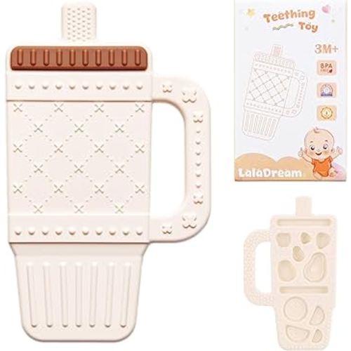 Baby Teething Toy Silicone Baby Teether for 3 6 12 18 Months Infant Tumbler Cup Shape Babies Teething Relief with Handle Toddler Chew Toys Food Grade BPA Free Teether Toys for Boys Girls White