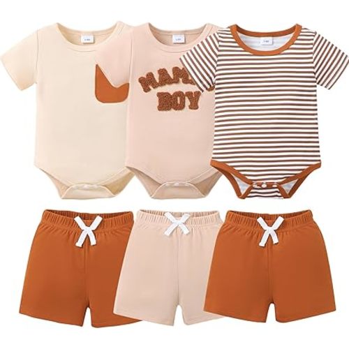Jecson Newborn Boy Clothes Baby Boy Outfits Summer Set 6-Piece Cotton Short Sleeve Top and Shorts for 0-18M