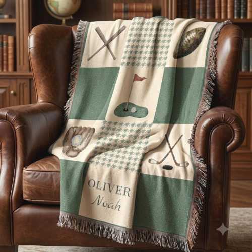Personalized Vintage Sports Blanket Green Nursery Decor Patchwork Woven Baby Boy Blanket Custom Baby Name Blanket Vintage Sport Nursery Gift