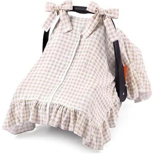 Tegeme Gingham Muslin Baby Car Seat Cover 2 - in -1 Breathable Multi-use Nursing Infant Car Seat Cover Windproof Canopy for Breastfeeding Strollers Carriers
