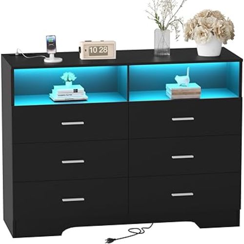 Dresser with Power Outlets and LED Lights Wooden 6 Drawer Dresser with Large Organizer Tall Black Drawer for Bedroom Modern Chest of Drawers Closet for Living Room Kids Room