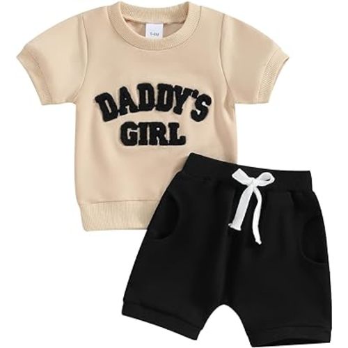 FIOMVA Toddler Baby Girl Summer Clothes Outfits 0 3 6 9 12 18 24Months 2t 3t Letter Short Sleeve Top Shirt+Short Pants Set
