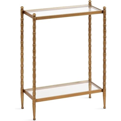 Kate and Laurel Prisha Traditional Metal Skinny Side Table, 18 x 8 x 25, Clear Glass and Gold, Vintage Rectangular Slim Bedroom Nightstand with Glass Tabletops for Use as Living Room End Table