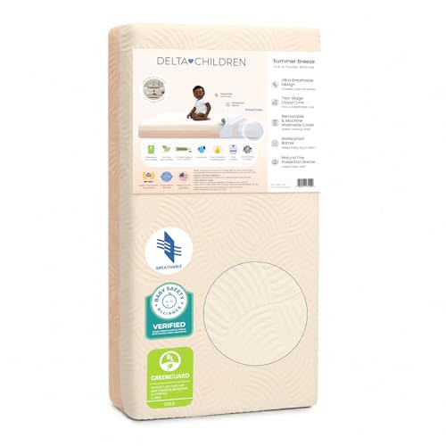 Delta Children Summer Breeze Mattress - Breathable Baby Crib & Toddler Mattress with Cloud Core - Machine Washable Cover - GREENGUARD Gold – Waterproof - Sustainably Sourced Core, Apricot/White