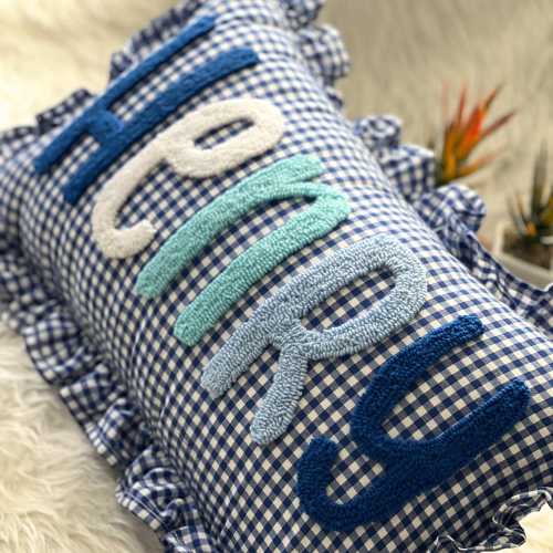 Custom Punch Needle Boy Name Pillow, Toddler Room Decor, Blue Gingham Ruffle Cushion, Personalized Newborn Gift, Baby Shower Nursery Decor