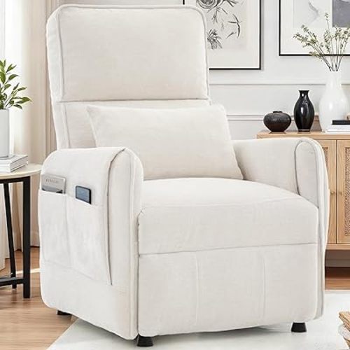 Power Recliner Chair, Small Recliners for Small Spaces, Electric Recliner Chairs for Adults with Memory Function, Reclining Chair with Remote, Pillow and Side Pockets, Living Room, Chenille