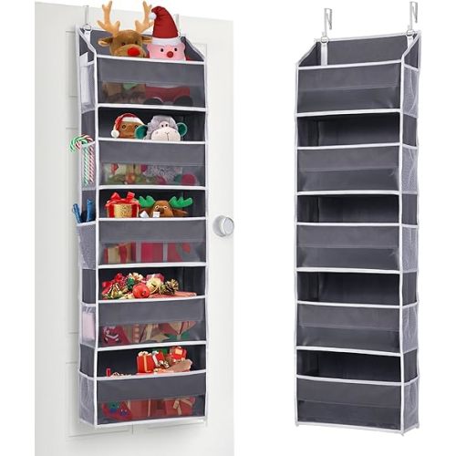 ULG 1 Pack Over Door Organizer with 5 Large Pockets 10 Mesh Side Pockets, 44 lbs Weight Capacity Hanging Storage Organizer with Clear Window Kids Toys, Shoes, Diapers, Dark Grey, 5 Layers