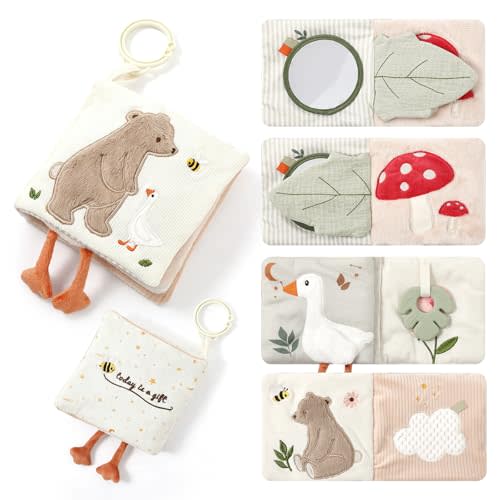 Mamimami Home Soft Baby Book, Aesthetic Sensory Crinkle Cloth Books for Babies 0-12 Months, Bear Goose Tummy Time Toy with Shatterproof Mirror, Squeaker, Silicone Teether, Washable Newborn Gift