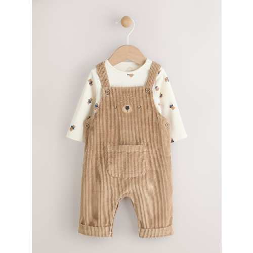 Tan Brown Bear Cord Dungarees and Bodysuit Set