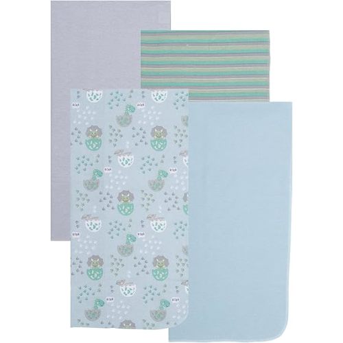 EVERYDAY KIDS 4 Pack Soft Flannel Receiving Blanket Set for Boys; Green/Blue/Gray Baby Swaddle Blankets for Newborn Nursery with Baby Dinosaurs, Colorful Striped Pattern, Solids