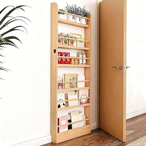 Behind The Door Bookshelf, Wooden Kids Bookshelf 6-Tier Organizer for Books and Toy Storage Wall Mount for Adult Space-Saving Book Shelf in Bedroom, Living Room, Playroom Wood