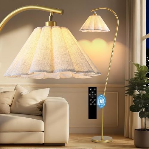 Omlaamy Floor Lamp with Pleated Linen Lampshade, Remote Control Modern Flower Floor Lamp for Living Room Arc Standing Lamp, Gold Tall Lamp for Bedroom Office Dining Room, Bulb Included