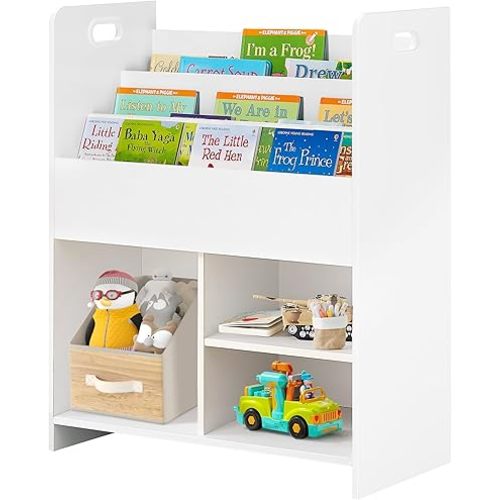 VECELO Kids Bookshelf, 2-in-1 Children Sling Bookcase with Shelves and 3 Different Size Cubes, Wooden Toy Storage Cabinet Organizer for Kids Room, Bedroom, Nursery, Kindergarten, White