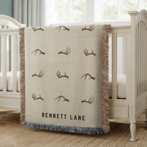 Deer Baby Blanket, Buck Woven Blanket, Antler Heirloom Baby Gift, Newborn Hunting Nursery Decor, Hunting Newlywed Gift